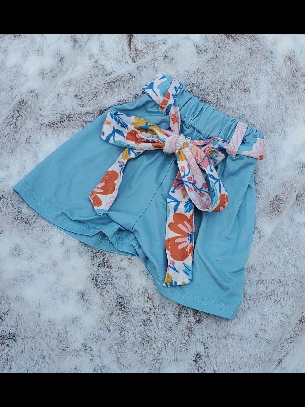 Light Blue Girls' Shorts with Floral Tie Belt